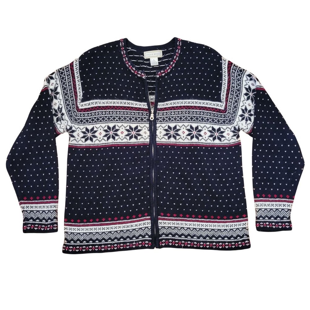Studio Works XL Nordic Fair Isle Snowflakes Cardigan Sweater Full Zip Vintage